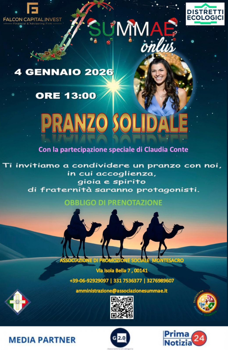 Natale di solidarietà: oltre 120 famiglie aiutate e cesti natalizi per i senza dimora. Il 4 gennaio a Roma il Pranzo Solidale della Befana Si terrà il 4 gennaio, nel quartiere Montesacro a Roma, il Pranzo Solidale della Befana, evento conclusivo dell’intenso programma di iniziative solidali promosso dall’Associazione Summae Onlus, presieduta da Francesco Sarcina, a sostegno delle famiglie in difficoltà e delle persone senza dimora del territorio.                               L’iniziativa, che vedrà la partecipazione di oltre 200 persone, sarà realizzata grazie all’impegno dei volontari dell’associazione, al supporto delle istituzioni locali e con la partecipazione di Claudia Conte, giornalista, attivista per i diritti umani.                        “Il Pranzo Solidale - dice Claudia Conte - nasce con l’obiettivo di offrire non solo un pasto caldo, ma soprattutto un momento di sollievo, dignità e condivisione alle persone che vivono in condizioni di fragilità sociale e indigenza.”