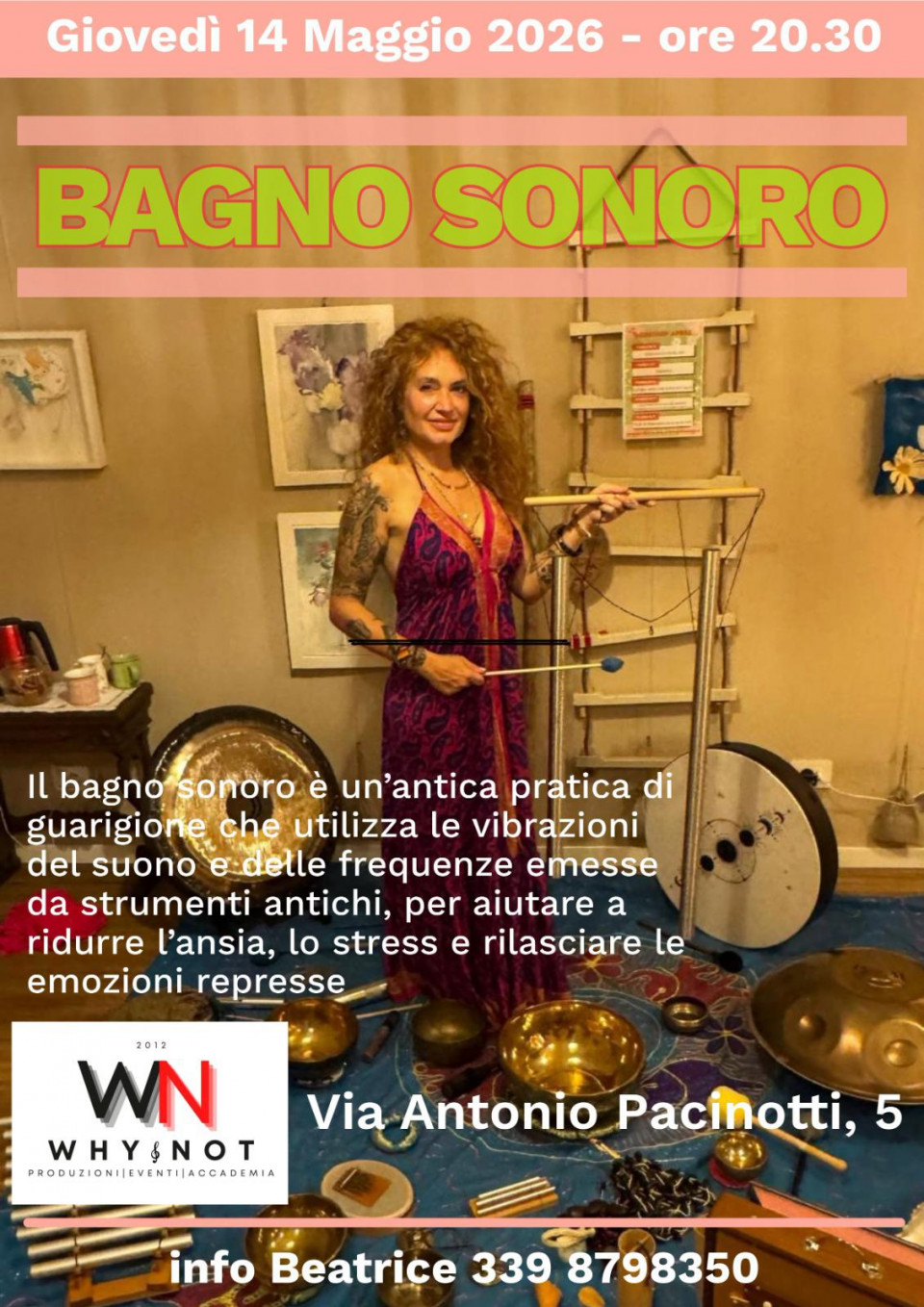 Immergiti in un’esperienza di profondo ascolto e dolce connessione interiore, dove il suono diventa carezza, respiro e viaggio dell’anima.Durante questo bagno sonoro, le vibrazioni armoniche di campane tibetane, strumenti ancestrali e frequenze avvolgenti accompagneranno il cuore verso uno spazio di quiete, apertura e trasformazione.Sarà un momento sospeso nel tempo, dedicato a chi desidera lasciarsi andare, sciogliere le tensioni e ritrovare la propria luce interiore attraverso la magia del suono.Ogni nota sarà un invito ad accogliere, sentire e fluire… come un abbraccio invisibile che attraversa il corpo e accarezza lo spirito.Vieni così come sei, con il tuo respiro, la tua sensibilità e il desiderio di ritrovarti.Il suono farà il resto. ✨